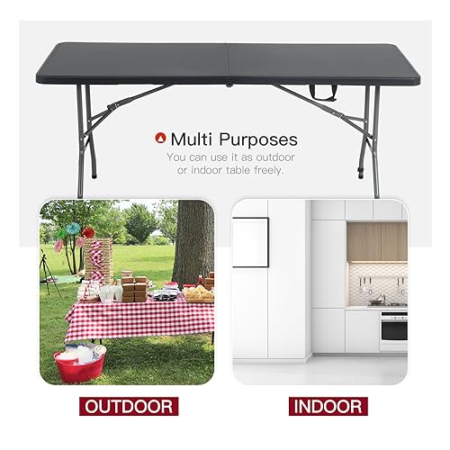 PayLessHere | 6FT Folding Table | Black | Portable Plastic Table with Carry Handle | Waterproof & Foldable Table Design | Steel Frame with Lock | for Events, Camping, Indoor & Outdoor Use - color: Black, size: 6 FT