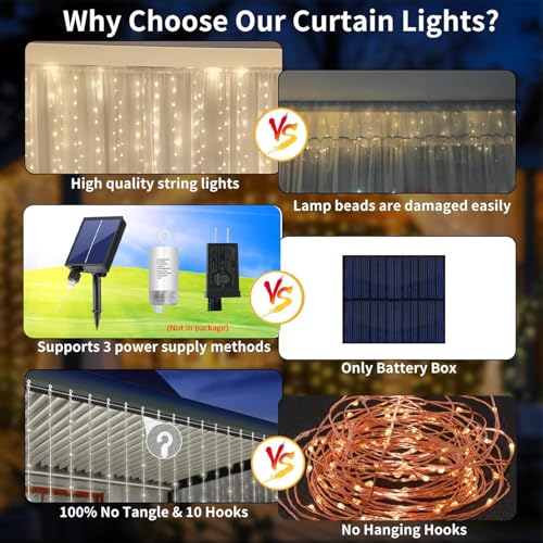 Solar Curtain Lights 10*10Ft 300LED Waterproof Waterfall Light with 8 Modes Remote Type C Charging Dimmable Timer Twinkle Fairy String Lights for Outdoor Christmas Gazebo Wedding Party Pergola Patio - color: 300LED Cool White