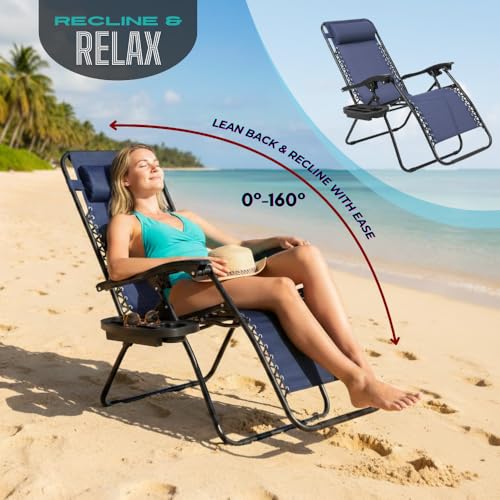 Zero Gravity Lounge Chair Adjustable Outdoor Reclining Chair Folding Patio Anti-Gravity Indoor Outdoor Lounge Chair w/Pillow, Cup Holder (One Chair - NavyBlue) - color: One Chair - Navyblue
