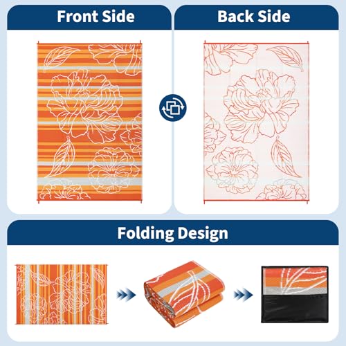 Garvee 5x8 Outdoor Waterproof Rug, Floral Outdoor Area Rug，Reversible Plastic Straw Patio Rug, Portable Camping Mat for RV, Picnic, Beach, Balcony, Garden & Camping Orange - color: Orange, size: 5' x 8' (Rectangular)