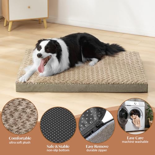KHONSU PET Dog Bed Mat Plush 3.5in Orthopedic Pad for Large Dogs up to 90 lbs Waterproof Removable Cover Machine Washable for Extra Large Dogs - color: Light Brown, size: XL