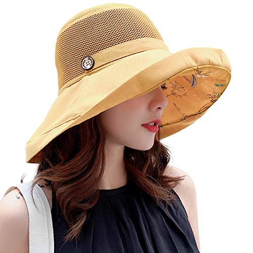 Women Mesh Sun Hats Summer Beach UV Protection UPF Packable Wide Brim Chin Strap - color: Yellow