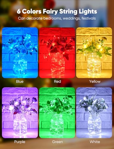 Minetom 12 Pack Fairy Lights Battery Operated String Lights 8 Modes, 7ft 20LED 6 Colors Waterproof Silver Wire Twinkle Lights, Firefly Starry Moon Lights for Mason Jars DIY Christmas Wedding Party - color: 6 colors, size: 20 Pack