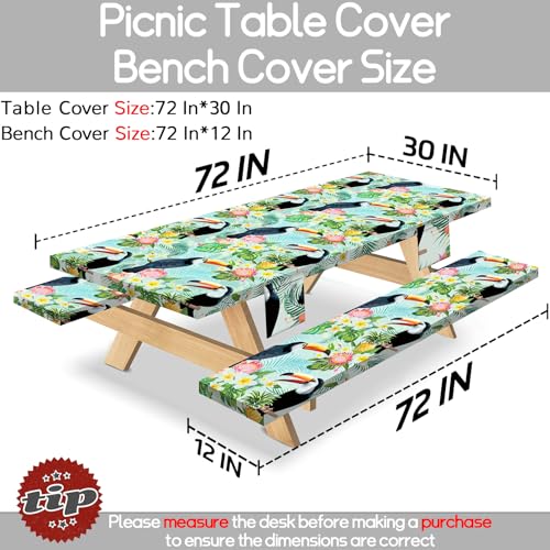 Fitted Waterproof Picnic Table Cover with Bench Covers Heavy Duty Elastic Outdoor Camping Tablecloth for 6 Foot Rectangle Tables Summer Rv Accessories Patio Garden Road Trip Essentials Gifts - color: Green Toucan, size: 72" x 30" (Rectangular)