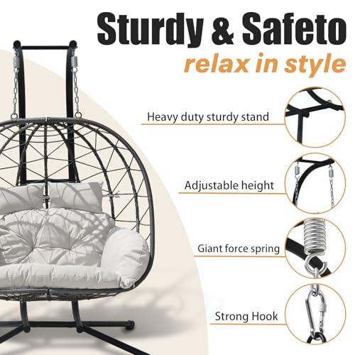 Double Egg Swing Chair with Stand - 2 Person Hammock Egg Chair for Outdoor, Patio, Garden & Balcony - Heavy-Duty Steel Frame, All-Weather Pe Rattan & Uv-Resistant Cushions (Grey) - color: Grey