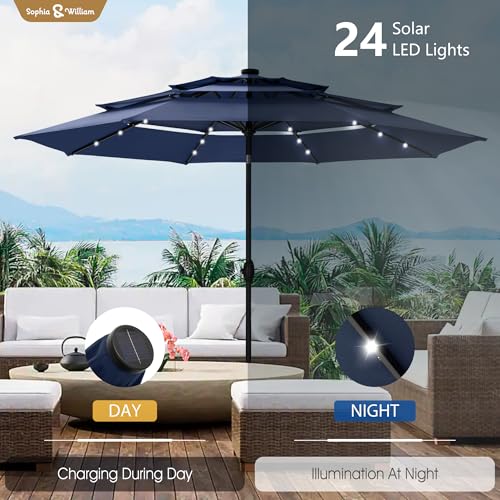 Sophia & William 10ft Patio Umbrellas 3-Tier Umbrella Outdoor Patio Umbrellas with Lights Vented Top 24 LED lights Adjustable Tilt for Pool Garden Backyard, Navy - color: Navy
