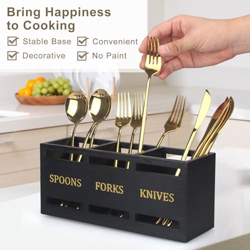 Ayiaren Wooden Cutlery Silverware Holder Flatware Utensil Caddy Black Utensil Holder for Kitchen Counter Wood Silverware Caddy Organizer for Table Countertop Spoon Knife and Fork Holder for Parties - color: Black (Gold Font)