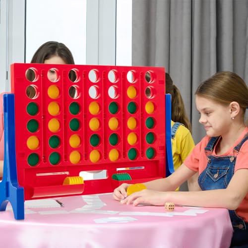 COSTWAY Giant 4-in-a-Row Game with Storage Carry Bag, Jumbo 4-to-Score Game w Chess, Quick Release Slider for Kids Adults, Indoor Outdoor Backyard Connect Game Set (Blue&Red) - color: Blue&red