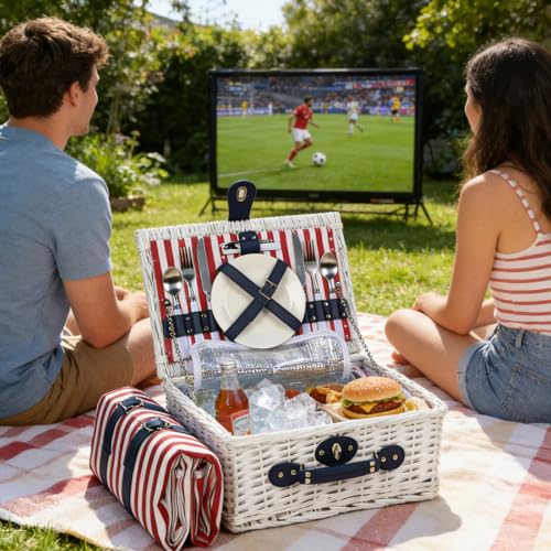 Wicker Picnic Basket for 2 with Waterproof Picnic Blanket and Insulated Bag, Patriotic Red White and Blue Star Pattern for Soccer Game, Camping, Travel, Birthday Gift, Wedding Gift - color: Classic Red White and Blue - 2