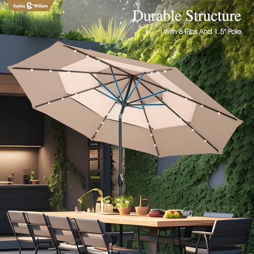Sophia & William 10ft Patio Umbrellas 3-Tier Umbrella Outdoor Patio Umbrellas with Lights Vented Top 24 LED lights Adjustable Tilt for Pool Garden Backyard, Mixed Beige - color: Mixed Beige