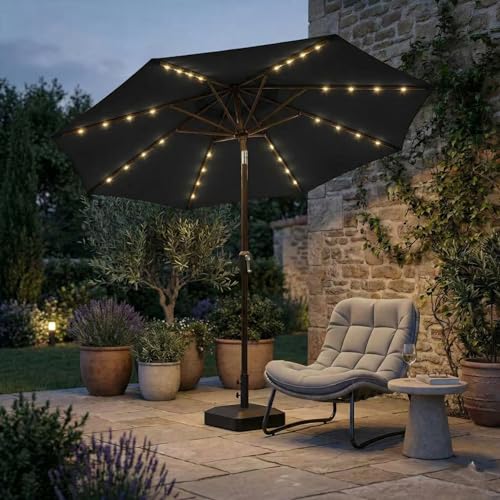 Kingdura 10FT Outdoor Patio Umbrella with Solar Lights, Market Table Umbrella with Push Button Tilt & Crank, 8 Sturdy Ribs, 32 LED Lights, UV Protection for Garden Lawn Deck Backyard Pool (Black) - color: Black-LED, size: 10 Ft
