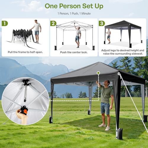 10x10 Pop Up Canopy with Sidewalls, Instant Portable Canopy Tent with Carry Bag for Commercial Events, Camping, Parties - Black - color: Black