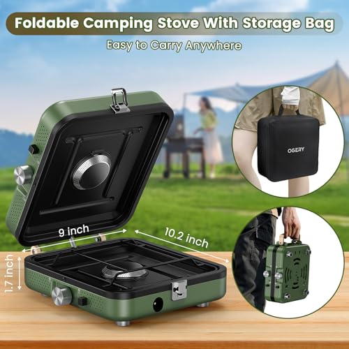 OGERY 2-Burner Foldable Camping Stove with Griddle (Textured & Smooth) and Carrying Bag, Portable Propane Camp Stove with 2 Adjustable Burners & Piezo Ignition, for Camping Tailgating Essentials Gear - color: Green