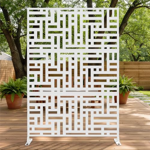 Casaphoria Metal Privacy Screen Outdoor, 72" H x 47" W Freestanding Decorative Privacy Screen for Patio Deck Balcony Garden with Stable Base, White-Helen - color: White-helen
