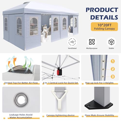 EROMMY 10x20 Heavy Duty Pop Up Canopy Tent with 6 Removable Sidewalls, Waterproof UV50+ Gazebo with Mosquito Netting, Easy Setup Instant Shelter for Backyard, Party, Wedding & Commercial Use, White - color: White, size: 10’x 20’
