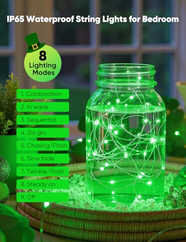 Minetom 12 Pack Green Christmas Lights, St Patricks Day Lights, 7ft 20 LED Fairy Lights Battery Operated String Lights, St Patricks Day Decorations, 8 Modes Waterproof Silver Wire Twinkle Lights - color: Green, size: 12 Pack