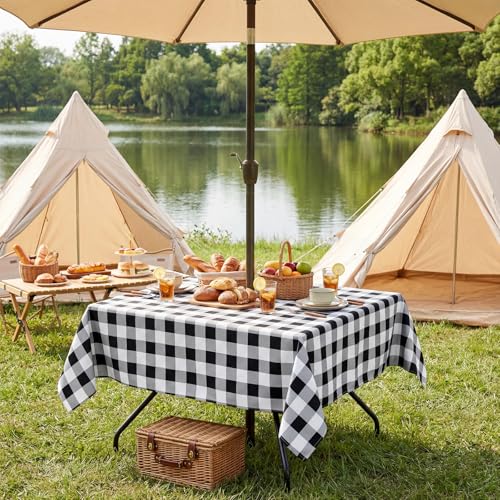 Poise3EHome Square Outdoor Tablecloth with Umbrella Hole and Zipper,Black Gingham 60x60 Inch,Polyester SpillProof Washable Table Cloth for Spring Summer Patio Garden Poolside Picnic Camping BBQS - color: Black Gingham, size: 60" x 60" (Square)