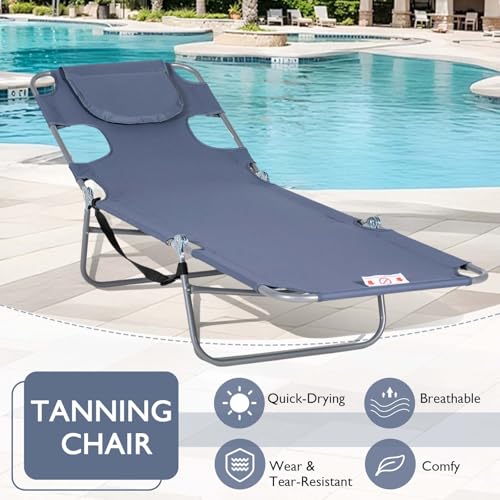 Majnesvon Folding Beach Lounge Chair with Face Hole and Arm Slots, 5-Level Adjustable Sun Lounger Tanning Chair with Pillow for Patio, Garden, Beach, Pool(Gray 2) - color: Gray 2