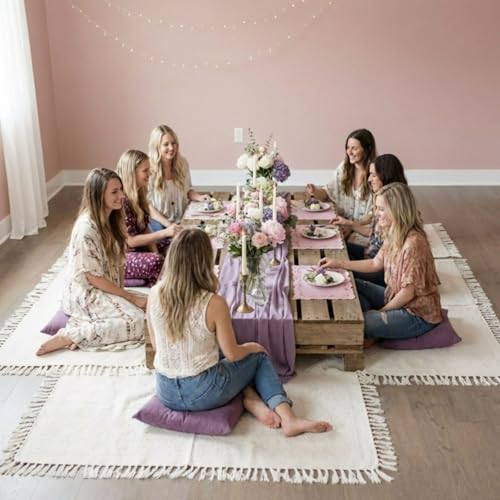 Hahafelt 8 Pcs Outdoor Picnic Blanket 35"x35" Boho Blanket Woven Cotton Yarn Portable Mat Plaid with Fringe Washable for Picnic Party Camping Beach Travel Lawn Indoor Bohemia Decor (White)