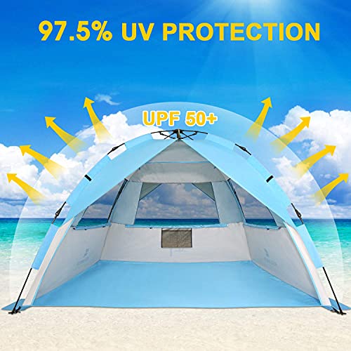 G4Free Deluxe XL Pop Up Beach Tent, 3-4 Persons Easy Setup Sun Shelter Canopy with UPF 50+ UV Protection Extral Wide 70.9 in - color: Large New Light Blue