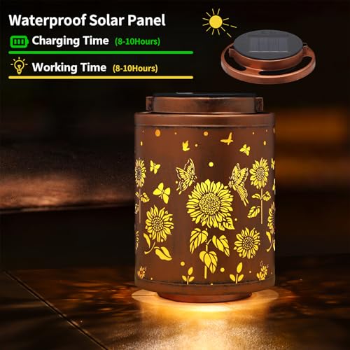 Tepaken 2 Pack Solar Outdoor Lanterns, Garden Decor LED Light Hanging Waterproof Solar Metal Lantern Birthday Gifts for Women Mon Grandma Sunflower Solar Lights Outdoor Decoration(Butterflies) - style: Style_ Butterflies_2Pack