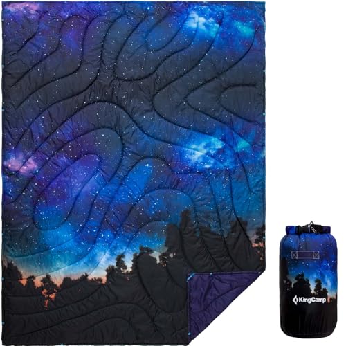 KingCamp Ultralight Camping Blanket, Packable Down Alternative Puffy Printed Wearable Blanket with Snap Buttons & Corner Loops Weatherproof Quilt for Outdoor Travel Stadium (78.7"L x 57.1"W) - color: Scenictrail-starrysky, size: 79" x 57"