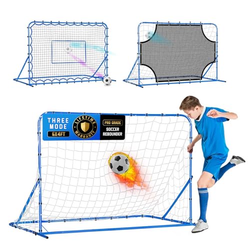 Soccer Baseball Volleyball Rebounder Net, Quick-Switch Angle Dual-Sided/Dual/Three Mode Goal Net Multi-Sport Pitchback Rebound for Control, Passing Practice, Easy Setup Bounce Back Training Gifts - size: 6FTx4FT