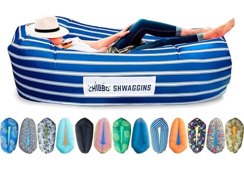 Chillbo Inflatable Couch – Unique Designs - No-Pump Setup, Ripstop Polyester, Stability Pegs, Fun Prints - Portable Air Inflatable Lounger for Beach, Camping, Festivals, and Tailgating - color: Nautical Blue, size: Large
