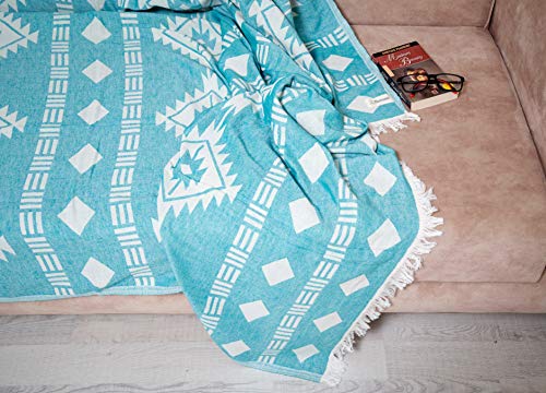 Bersuse 100% Cotton Belize XL Throw Blanket Turkish Towel Beach Blanket - Beach Camping Essentials - 75x90 Inches, Aqua - color: Aqua