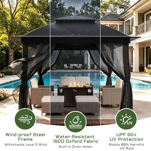 11'X11' Gazebo Pop Up with 4 Sidewalls Mosquito Netting, Heavy Duty Patio Gazebo Canopy Tent with Double Air Roofs for Backyards, Patios, Decks, Gardens, Parks - color: Black Top