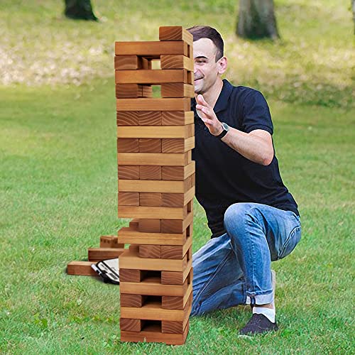 Juegoal 54 Pieces Giant Tumble Tower Blocks Game Giant Wood Stacking Game with 1 Dice Set, Gameboard, Canvas Bag for Adult, Kids, Family, Brown - color: Brown, size: Large