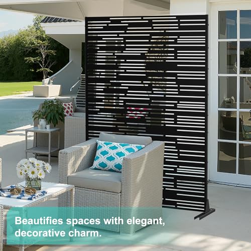 Modern Metal Privacy Screen, Patio Outdoor Privacy Panels with Stand, Freestanding Outdoor Divider for Yard, Deck＆Garden(71.3"*47.3"*15.7") - color: Black,Barcode