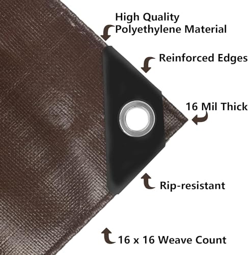 20'x 40' Tarps Heavy Duty Thick Waterproof, Poly Canopy Brown Tent Shelter Cover, 16 Mil Tarpaulin Shade, Rip and Tear Proof, UV Resistant Tarpaulin with Grommets and Reinforced Edges - color: Brown, size: 20 x 40ft