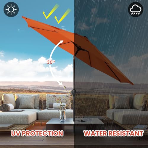 Sun-Ray 9' Round Patio Umbrella with Push-Button Tilt and Hand Crank Lift System, Market Umbrella for Porch, Deck, and Patio - color: Orange