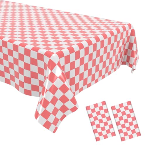 2 Pack Checkered Tablecloth Disposable Plastic Pink and White Checkered Tablecloth Waterproof Rectangular Picnic Table Cover, Black Party Decoration, 54 x 108 inches - color: Pink and White Gingham, size: 54" x 108" Rectangular (2 Pack)