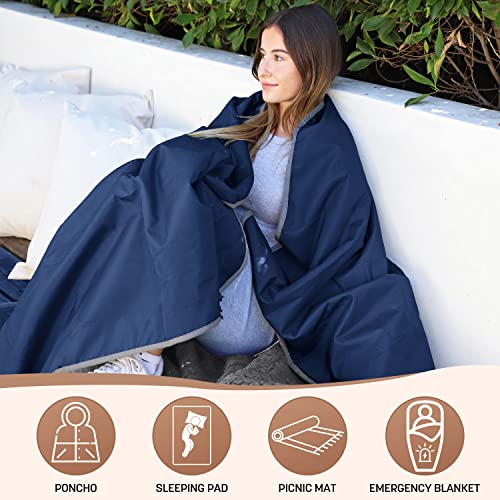 Tirrinia Waterproof Outdoor Blanket with Sherpa Lining, Windproof Triple Layers Warm Comfy Foldable for Camping Stadium, Beach, Picnic, Grass, Concerts, Car, Dog, 51''X 59'' & 59''X 80'' - color: Navy/Grey, size: 59” X 80”