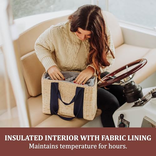 Picnic TIME Parisian Picnic Basket, Insulated Seagrass Picnic Basket, Waterproof, Stylish, Perfect for Picnics, Beach, Office Lunches, Dinner Parties, and Gifts (Beige with Navy Blue Accents) - color: Beige With Navy Blue Accents