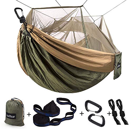 Sunyear Camping Hammock, Portable Single & Double Hammock with Net, 2 Person Hammock Tent with 2 * 10ft Straps, Best for Outdoor Hiking Survival Travel - color: A Green/Khahi, size: 55"W*106"L (Single)