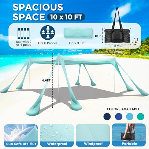 Beach Canopy Beach Tent Pop Up Shade 10x10ft Sun Shelter UPF50+ with 8 Sandbags-2 Sand Shovel-4 Aluminum Poles-Ground Pegs-Portable Carrying Bag for Outdoor Family Camping Fishing Yard Picnic - color: Turquoise