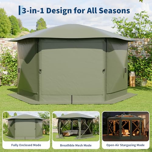 GarveeLife 13x13FT 6-Sided Pop Up Gazebo Tent，One-Push Setup Canopy Tent with Removable Canopy Top & Wind Cloths, Outdoor shelter for Camping, Backyard Parties, Outdoor Events - Army Green - color: Army Green, size: Removable Top - 13ft