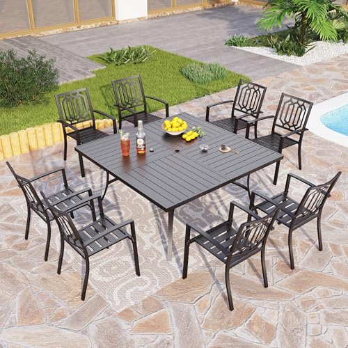 PHI VILLA 9 Pieces Outdoor Dining Set for 8, 60" Black Square Metal Table with Umbrella Hole & Stackable Wrought Iron Chairs, Large Outside Furniture Set for Patio, Deck, Yard, Porch - color: Hexagon Back Chair, size: 9PCS-60" Steel Table
