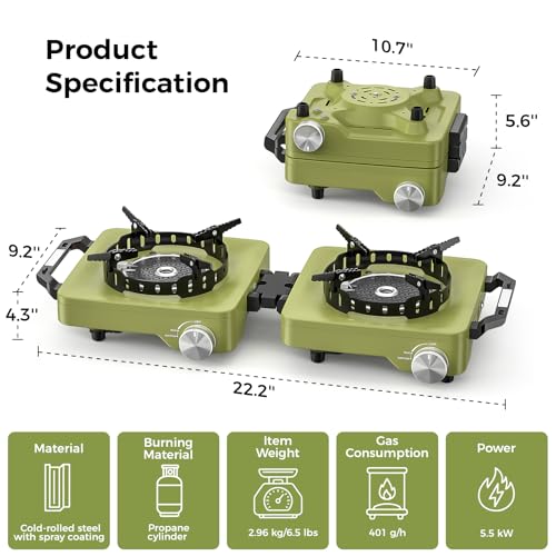 MoKo Propane Camping Stove 2 Burner, 36,000 BTU Infrared & Open Flame Hybrid, Windproof Folding Portable Outdoor Gas Cooking Kit with Frying Pan & Carry Bag For RV, Tailgating, Survival, Green - color: Green