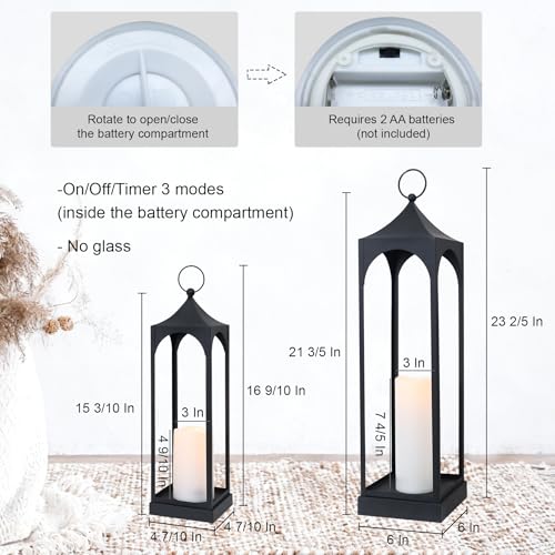 LED Lanterns Decorative Outdoor&Indoor, 23'' 16‘’ Large Black Lanterns Set with 2 Flameless Candles, Metal Holders for Porch, Patio, Garden, Home, Fireplace, Spring Decorations Decor - color: 23‘’ + 16‘’ / Timer