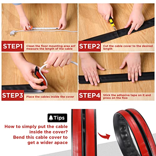 Nuogo 16 ft Floor Cord Cover Overfloor Silicone Cable Protector Extension Cord Covers Wire Cable Organizer Hider for Floor Home Office Garage Management, Black