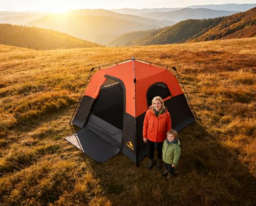3/4 Person Camping Tent with 1 Door, 4 Windows, and Upgraded Ventilation– Instant Setup, Waterproof, 8'x 8'x 67''Oxford Fabric Floor Pop Up in 60 Seconds Includes Rainfly and Backpack - color: 4 Person Brick Red/2-Layer