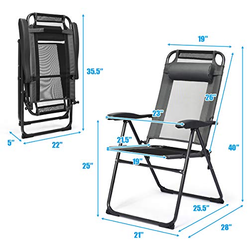 Giantex Set of 2 Patio Dining Chairs, Folding Lounge Chairs with 7 Level Adjustable Backrest, Headrest, 300 Lbs Capacity, Outdoor Portable Chairs with Metal Frame (2, Gray) - color: Grey