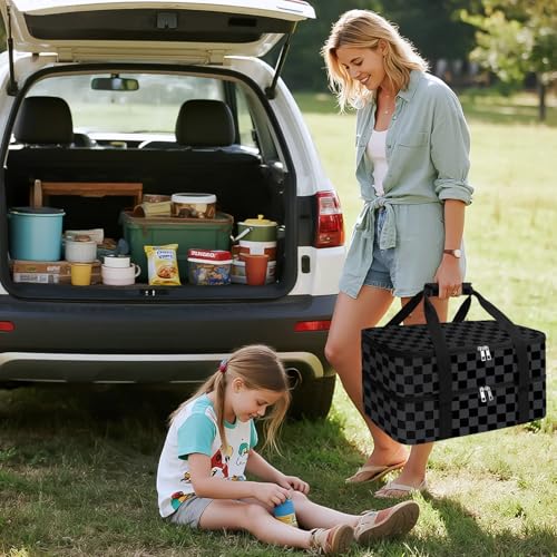 Coobiiya Insulated Casserole Carrier,Lasagna Lugger Tote Keeps Food Hot or Cold,Thermal Lunch Bag Warmer & Cooler Carrier Bag,Portable Tote Bag Fits 9" x 13" Baking Dish for Picnic and Cookout - color: Black Grid, size: Double Layer: 15.75 × 11.8 × 7.87 i