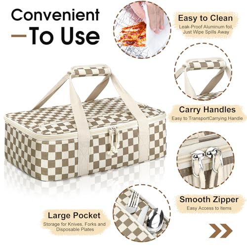 Corduroy Casserole Carrier, Insulated Lasagna Lugger for Hot/Cold Food, Fits 9" x 13" Baking Dish, Thermal Lunch Tote for Potluck & Picnic - Corduroy Khaki Grid - color: Corduroy Khaki Grid, size: 16x10x4 in