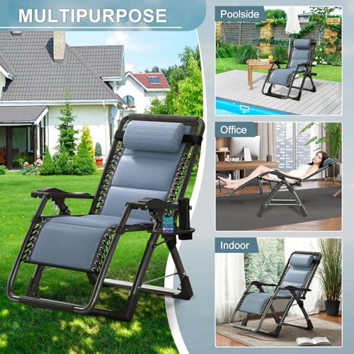 ABORON Zero Gravity Chair,Premium Outdoor Lawn Folding Lounge Chairs,Sturdy Adjustable Reclining Patio Chairs with Built in Cushion,Headrest & Tray - color: Ice Blue