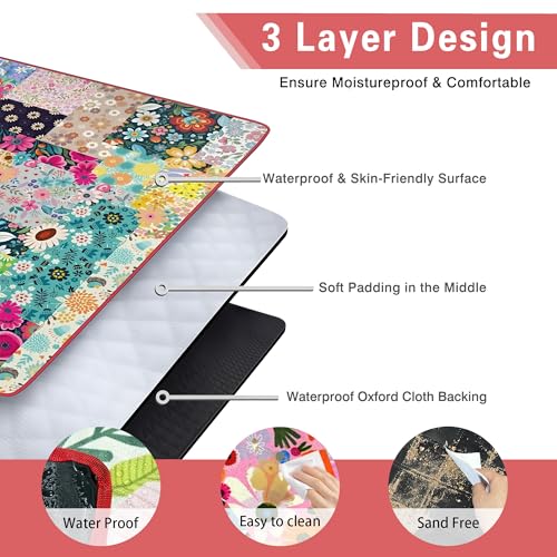 Supfitness Extra Large Picnic Blankets Waterproof Foldable (80 "x 80") Beach Blanket Waterproof Sandproof,3-Layer Thicking Mat Outdoor Packable Camping Blanket(Bohemian) - color: Flower, size: 80x80in